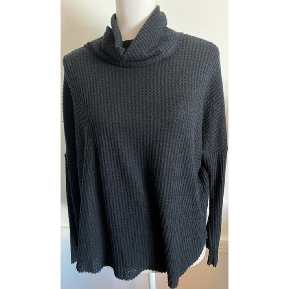 Everly • Black Waffle Fabric Cowl Turtleneck Top